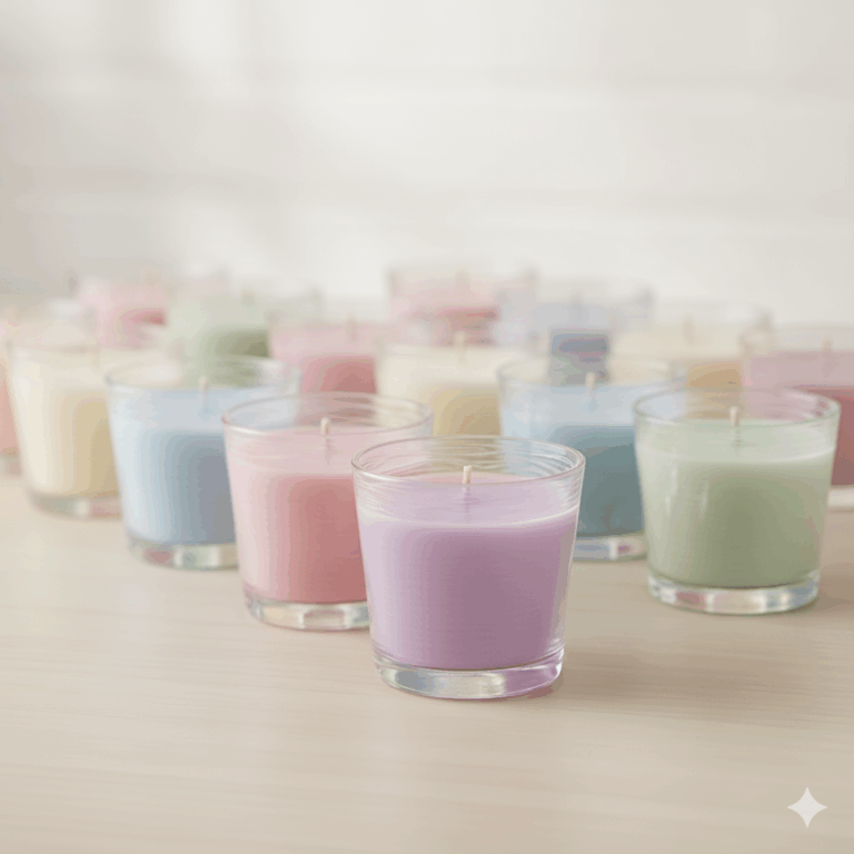 rows of small candles in glass containers