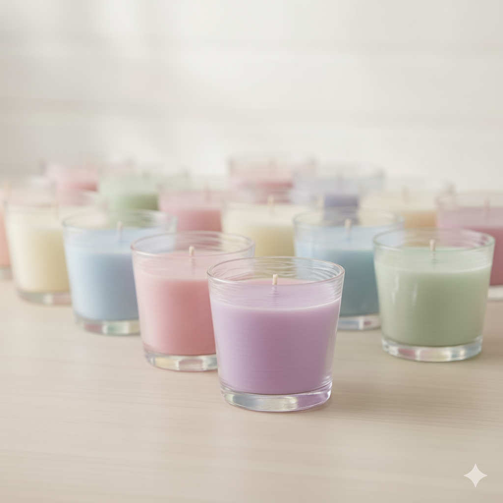 rows of small candles in glass containers